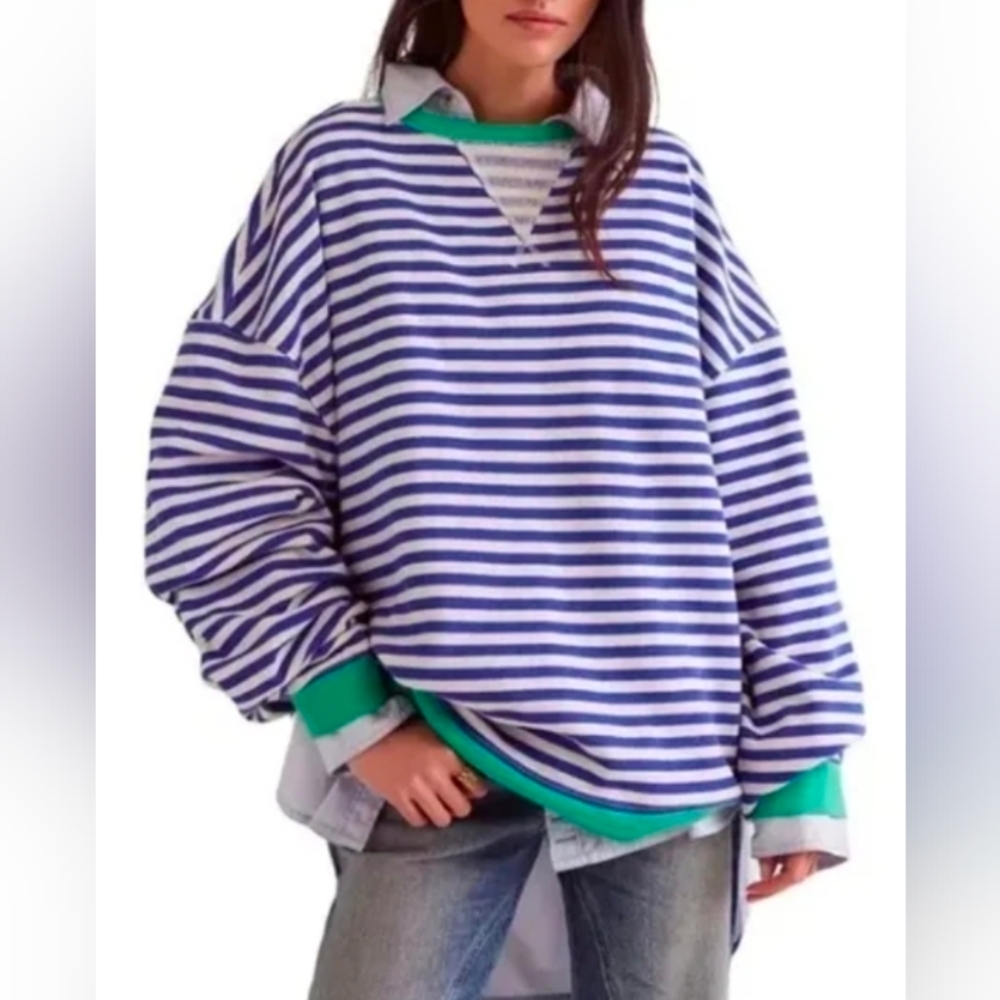 Free People Striped Classic Crew. Blue And Teal NWT XL